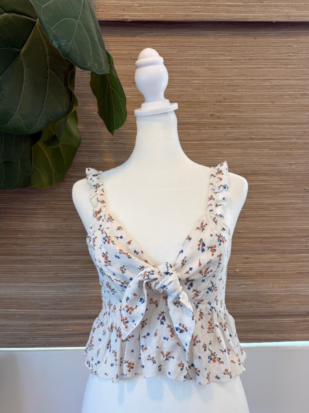American Eagle Floral Tie-Front Ruffled Cami - Cream with Blue & Orange Floral